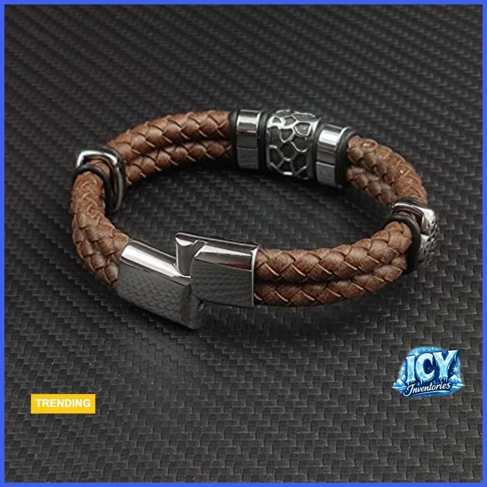 Leather Braided Bracelet with Stainless Steel Magnetic Clasp